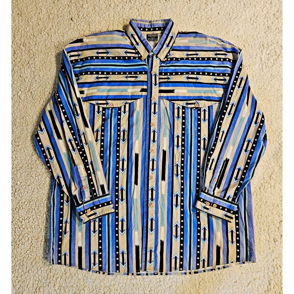 VTG Just Western Brushpopper Shirt Mens XL Button Down Southwestern Stripe Blue